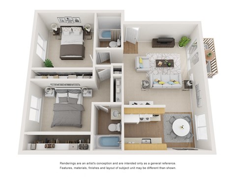 The Alpine Floor Plan; A two bedroom, two bathroom apartment floor plan at Greentree Village Apartments